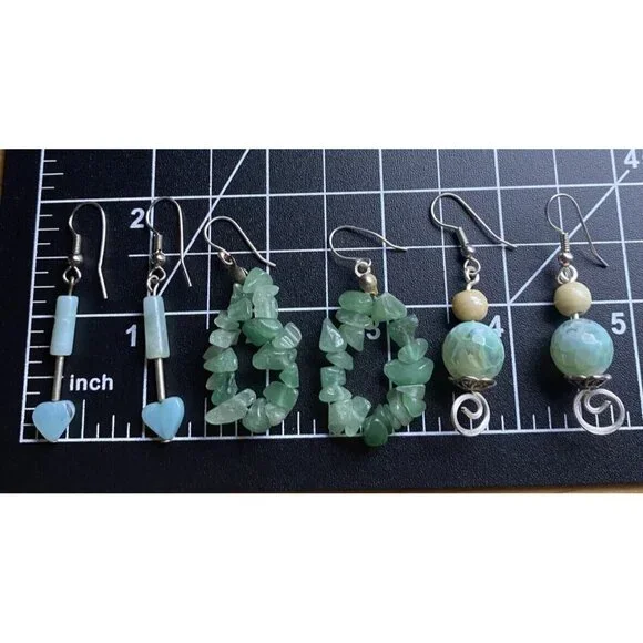 Lot of 3 Pairs Earrings Aventurine Green Stone Dangle/Drop Silver Tone Heart - Picture 10 of 10